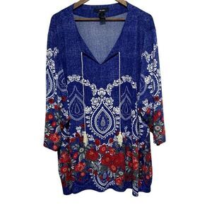 Ali Miles Tunic Womens 3X Plus Stretch Blue Red‎ Floral Print Tassels 3/4 Sleeve